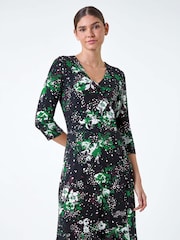 Roman Green Floral Button Detail Frill Stretch Dress - Image 1 of 6