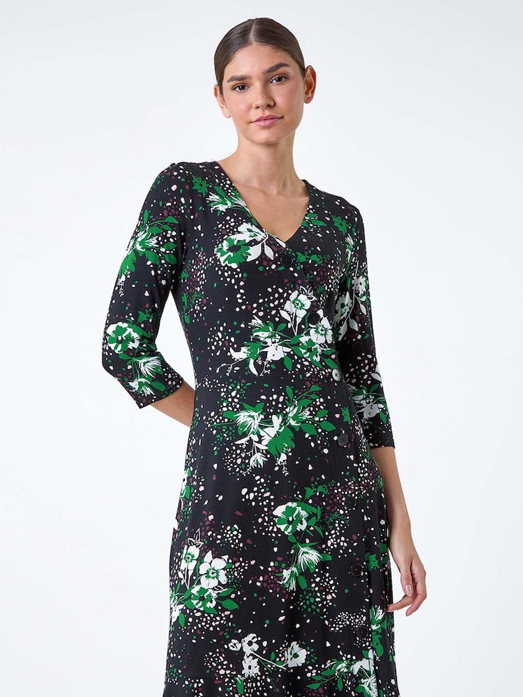 Roman Green Floral Button Detail Frill Stretch Dress - Image 1 of 6