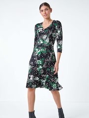 Roman Green Floral Button Detail Frill Stretch Dress - Image 4 of 6