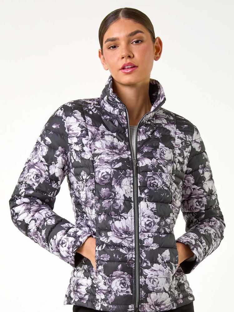 Roman Grey Floral Print Lightweight Quilted Coat - Image 1 of 5