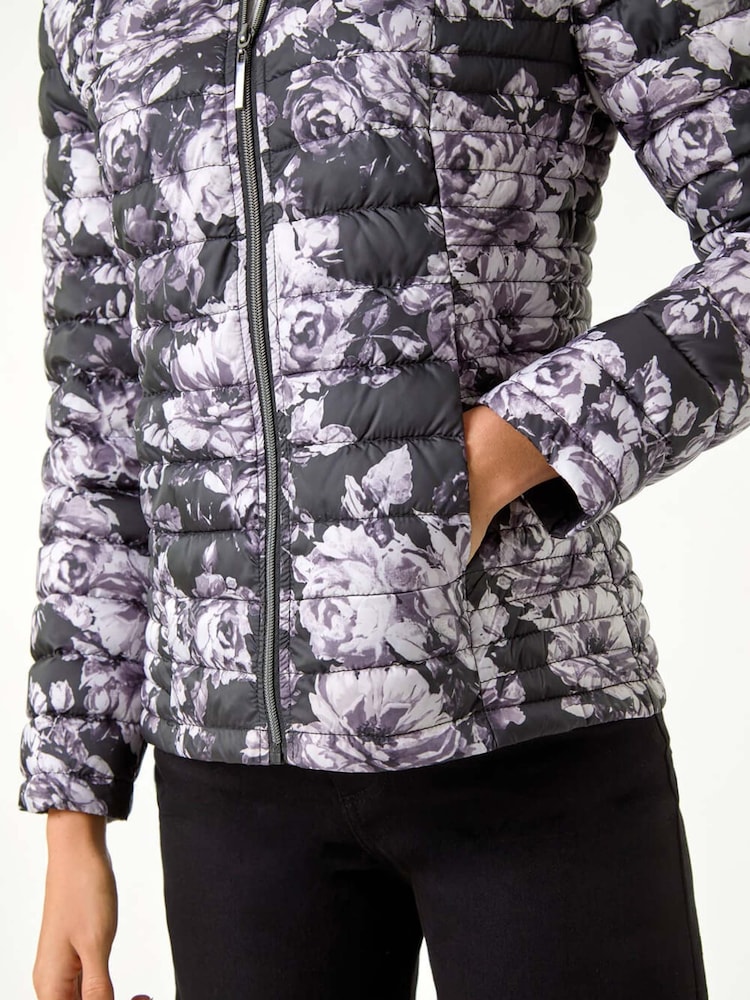 Roman Grey Floral Print Lightweight Quilted Coat - Image 5 of 5