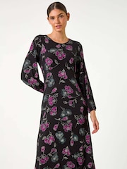 Roman Purple Floral Print Stretch Midi Dress - Image 1 of 5
