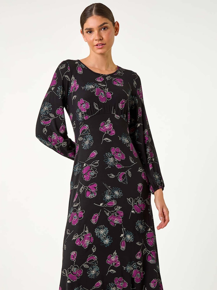 Roman Purple Floral Print Stretch Midi Dress - Image 1 of 5
