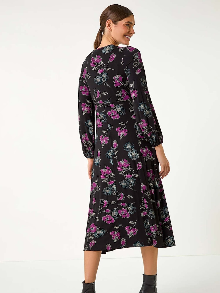 Roman Purple Floral Print Stretch Midi Dress - Image 2 of 5