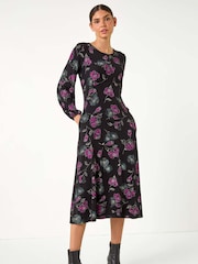 Roman Purple Floral Print Stretch Midi Dress - Image 3 of 5