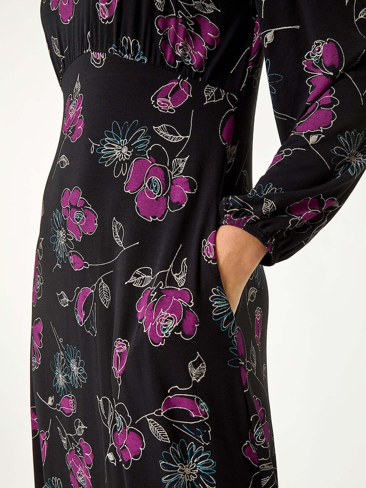 Roman Purple Floral Print Stretch Midi Dress - Image 5 of 5
