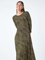 Roman Green Print A-Line Stretch Midi Dress - Image 1 of 5