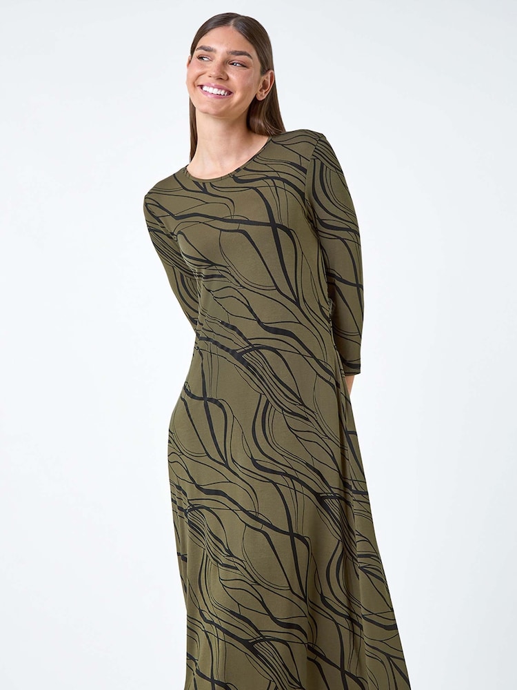 Roman Green Print A-Line Stretch Midi Dress - Image 1 of 5