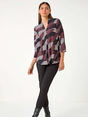 Roman Red Leaf Print V-Neck Stretch Jersey Top - Image 4 of 6