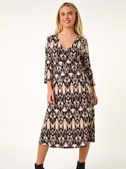 Roman Black Petite Print Tie Detail Midi Dress - Image 2 of 5