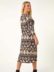 Roman Black Petite Print Tie Detail Midi Dress - Image 3 of 5