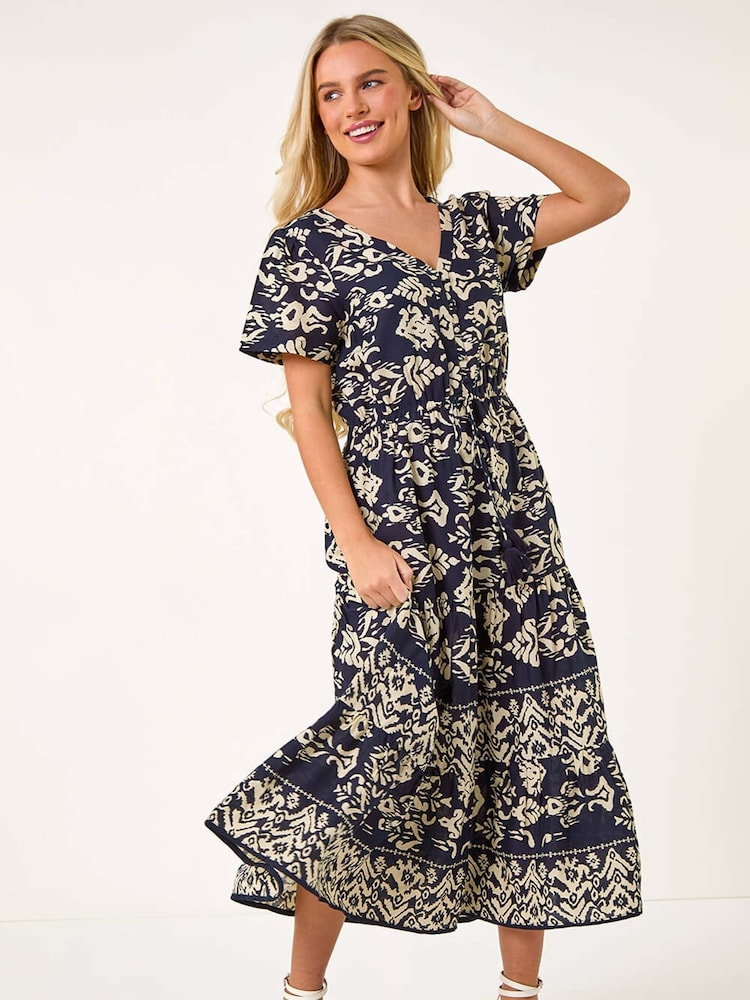 Roman Blue Aztec Style Print Stretch Midi Dress - Image 1 of 5