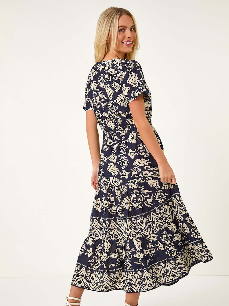 Roman Blue Aztec Style Print Stretch Midi Dress - Image 2 of 5