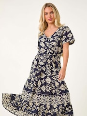 Roman Blue Aztec Style Print Stretch Midi Dress - Image 3 of 5