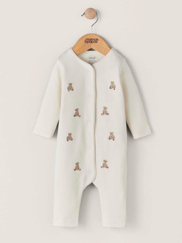 Mamas & Papas Cream 100% Cotton Embroidered Teddy Bear Romper - Image 1 of 3 Mamas & Papas Cream 100% Cotton Embroidered Teddy Bear Romper - Image 1 of 3