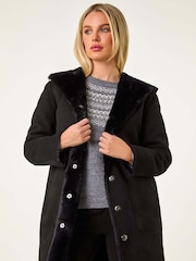 Roman Black Petite Faux Sheepskin Reversable Hooded Coat - Image 1 of 4