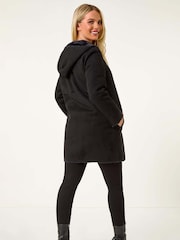 Roman Black Petite Faux Sheepskin Reversable Hooded Coat - Image 2 of 4