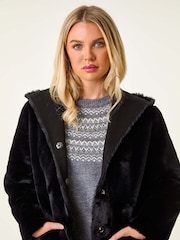 Roman Black Petite Faux Sheepskin Reversable Hooded Coat - Image 3 of 4