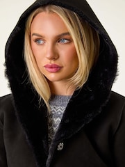 Roman Black Petite Faux Sheepskin Reversable Hooded Coat - Image 4 of 4