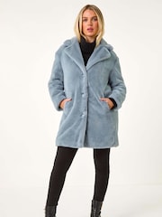 Roman Blue Petite Longline Faux Fur Coat - Image 3 of 5