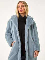 Roman Blue Petite Longline Faux Fur Coat - Image 4 of 5