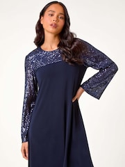 Roman Blue Petite Stretch Sequin Contrast Dress - Image 1 of 5