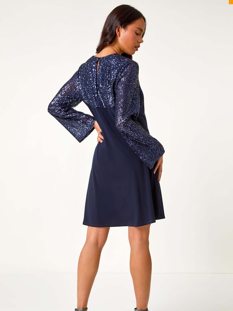 Roman Blue Petite Stretch Sequin Contrast Dress - Image 2 of 5