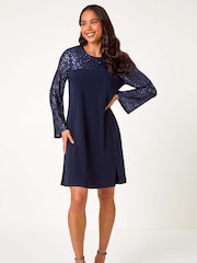 Roman Blue Petite Stretch Sequin Contrast Dress - Image 3 of 5