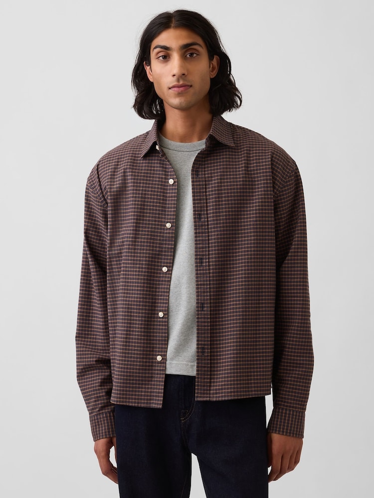 Gap Brown Check Relaxed Boxy Straight-Hem Oxford Shirt - Image 1 of 4 Gap Brown Check Relaxed Boxy Straight-Hem Oxford Shirt - Image 1 of 4
