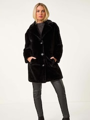 Roman Black Petite Longline Faux Fur Coat - Image 3 of 5