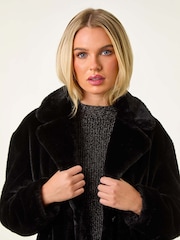Roman Black Petite Longline Faux Fur Coat - Image 4 of 5