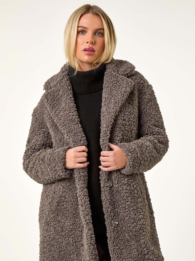 Roman Brown Petite Teddy Longline Coat - Image 1 of 5 Roman Brown Petite Teddy Longline Coat - Image 1 of 5