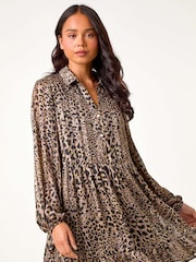 Roman Natural Petite Leopard Print Tiered Frill Hem Dress - Image 1 of 5