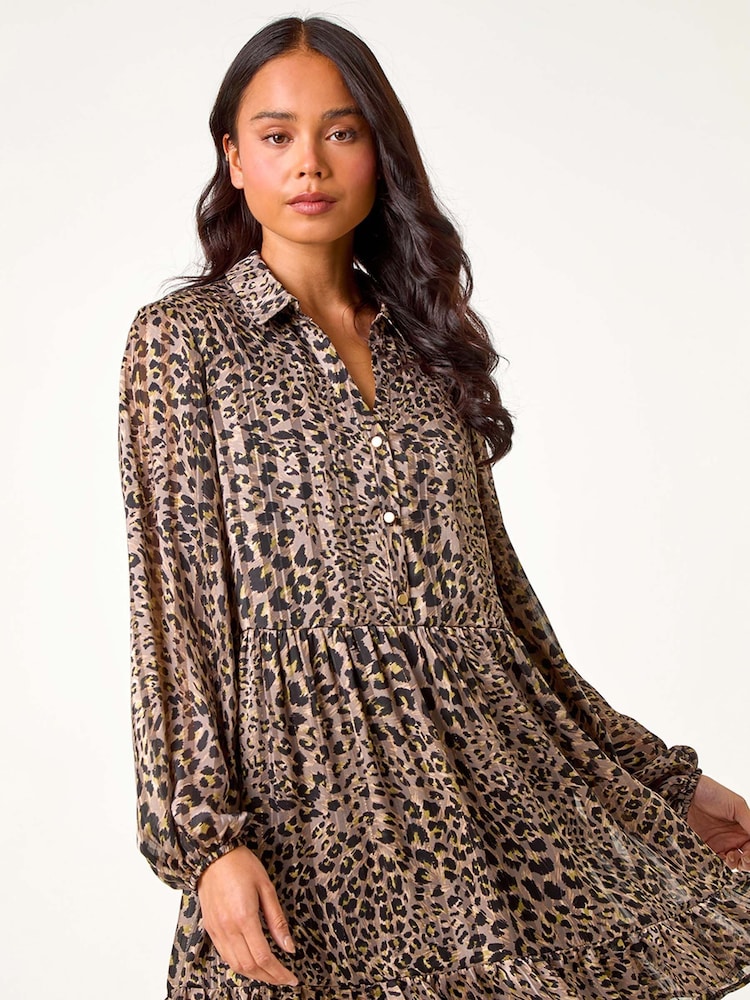 Roman Natural Petite Leopard Print Tiered Frill Hem Dress - Image 1 of 5