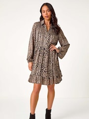 Roman Natural Petite Leopard Print Tiered Frill Hem Dress - Image 3 of 5