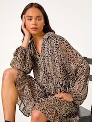 Roman Natural Petite Leopard Print Tiered Frill Hem Dress - Image 4 of 5