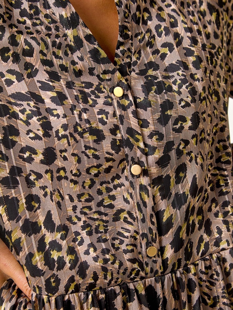 Roman Natural Petite Leopard Print Tiered Frill Hem Dress - Image 5 of 5