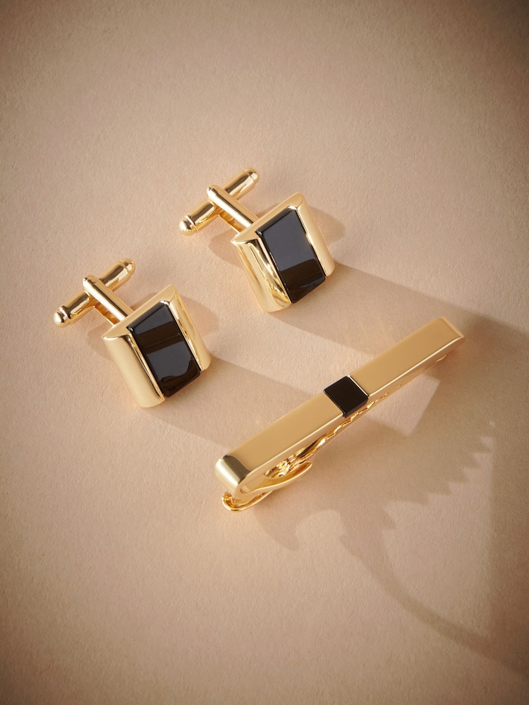 Gold Signature Onyx Stone Cuff and Tie Clip Set - Image 1 of 3