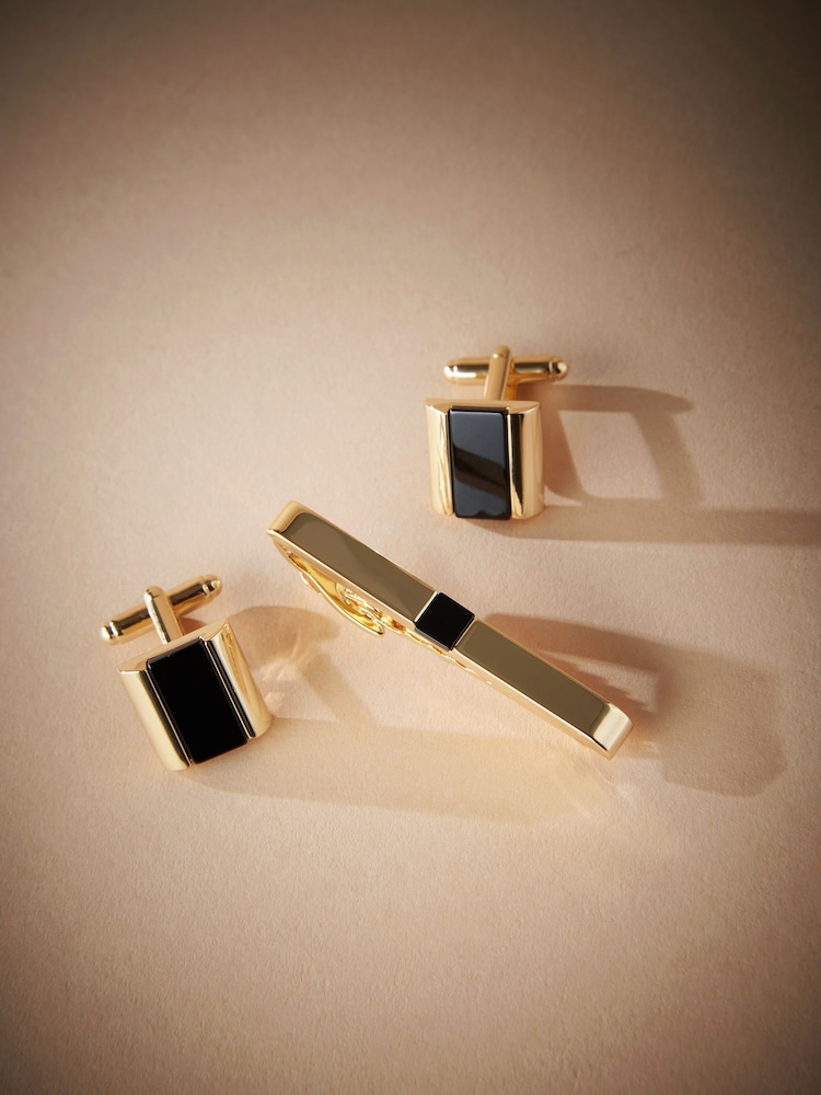 Gold Signature Onyx Stone Cuff and Tie Clip Set - Image 2 of 3