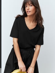 Black Cotton Modal Slouch V-Neck T-Shirt - Image 1 of 8
