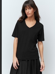Black Cotton Modal Slouch V-Neck T-Shirt - Image 3 of 8