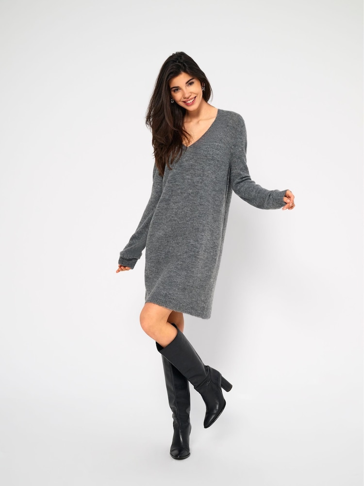 JDY Grey V-Neck Knitted Mini Dress - Image 1 of 7