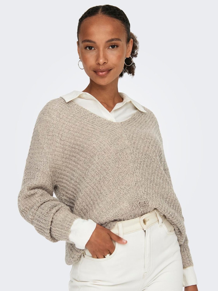 JDY Natural V-Neck Knitted Pullover Jumper - Image 1 of 6