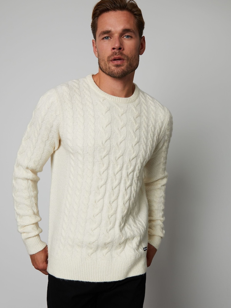 Threadbare White Cable Knit Crew Neck Jumper - Image 1 of 5