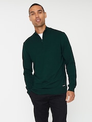 Threadbare Forest Green Funnel Quarter Zip Knitted Jumper - Image 1 of 4