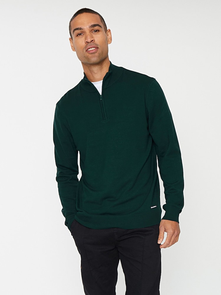 Threadbare Forest Green Funnel Quarter Zip Knitted Jumper - Image 1 of 4