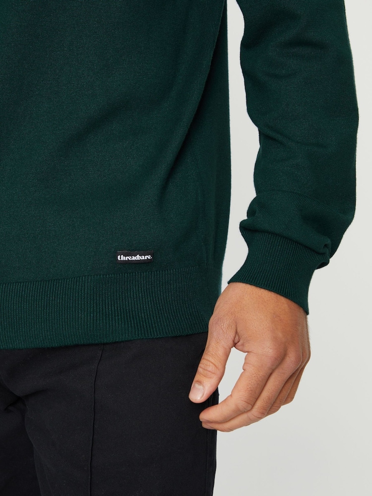 Threadbare Forest Green Funnel Quarter Zip Knitted Jumper - Image 4 of 4
