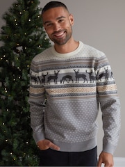 Threadbare Grey Crew Neck Fairisle Pattern Christmas Jumper - Image 1 of 4
