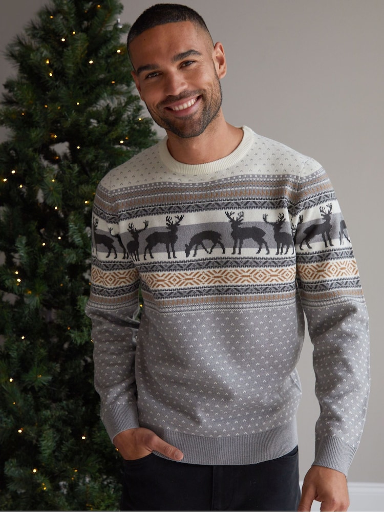 Threadbare Grey Crew Neck Fairisle Pattern Christmas Jumper - Image 1 of 4
