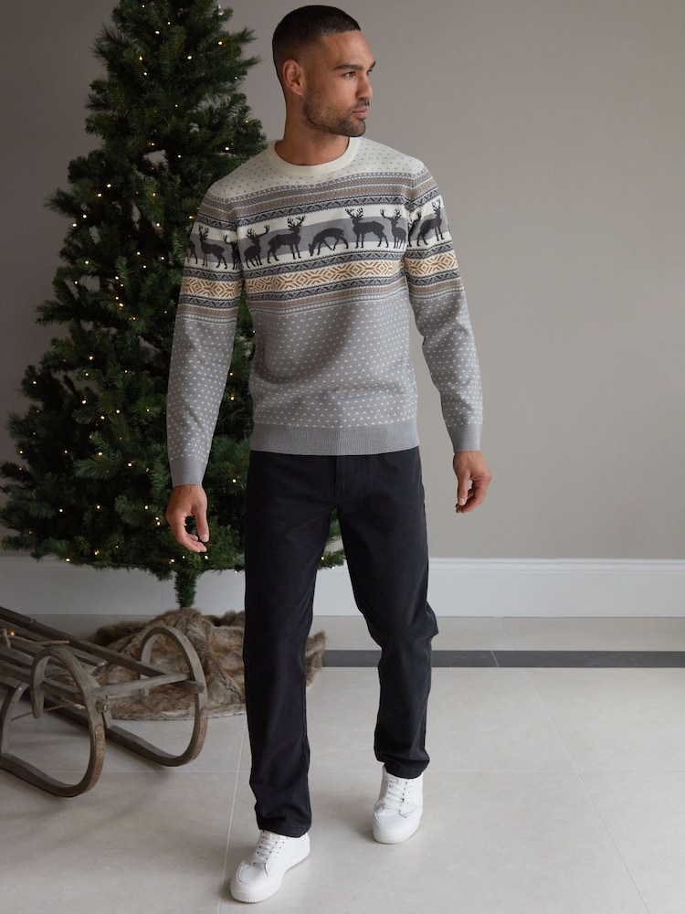 Threadbare Grey Crew Neck Fairisle Pattern Christmas Jumper - Image 2 of 4